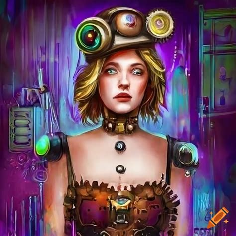 Steampunk Illustration Of A Girl And Machine Fusion