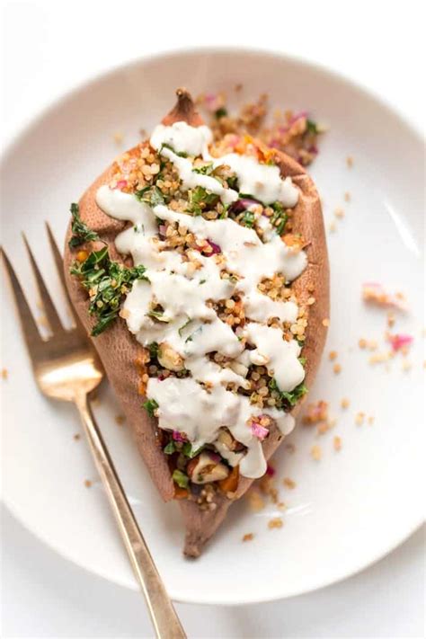 You won't even dirty an extra bowl to mix together a separate dressing. Quinoa Stuffed Sweet Potatoes with Kale & Tahini
