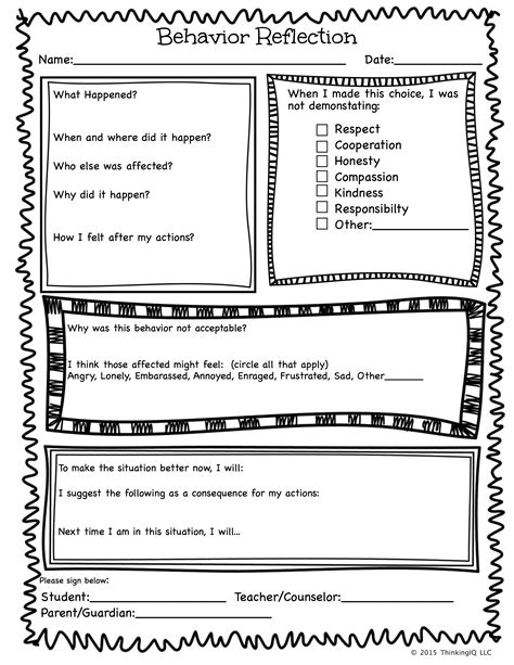 Behavior Reflection Sheet Single Page Teacher Ideas Pinterest