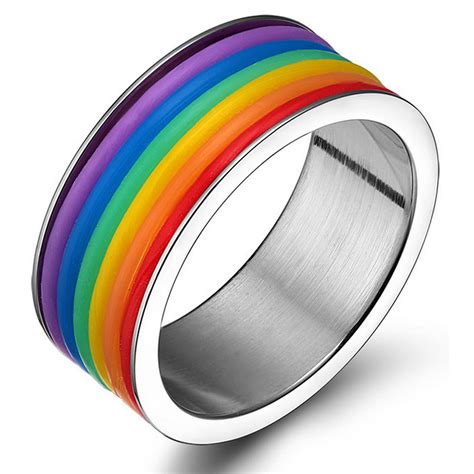 Unisex Lgbt Pride Rainbow Silicone Wedding Band In Stainless Steel Gay Pride Ring For Men And