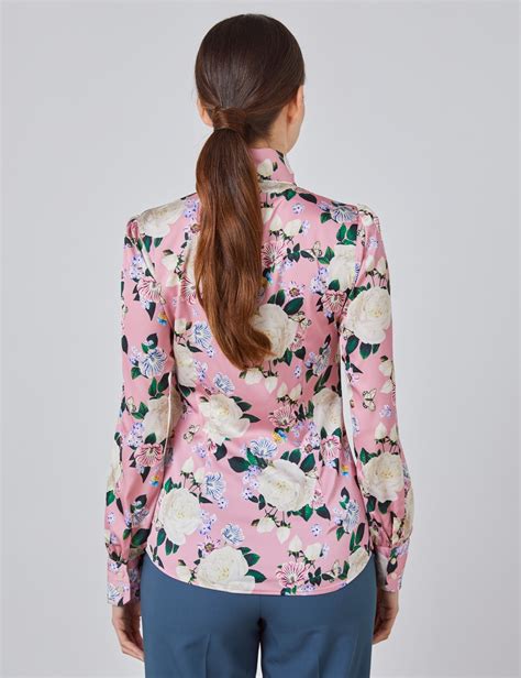 Womens Pink And Cream Floral Fitted Satin Blouse Single Cuff Pussy Bow Hawes And Curtis