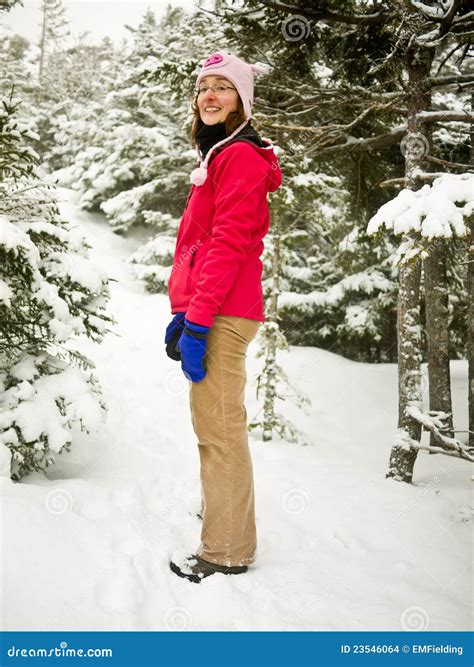 Winter Hiker Woman On Snowy Hiking Trail Stock Photo Image Of Woman