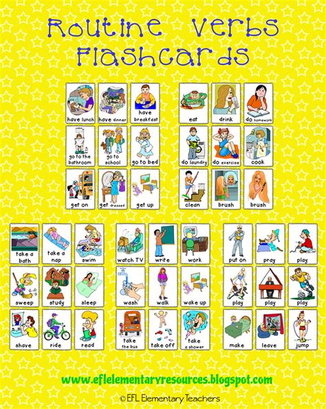 Esl Routine Verb Flashcards Efl Teaching Kids Flashcards For