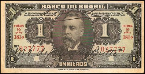 Sterling Numismatic Gallery R193a 1 Mil Réis Banco Do Brasil 1923 1955