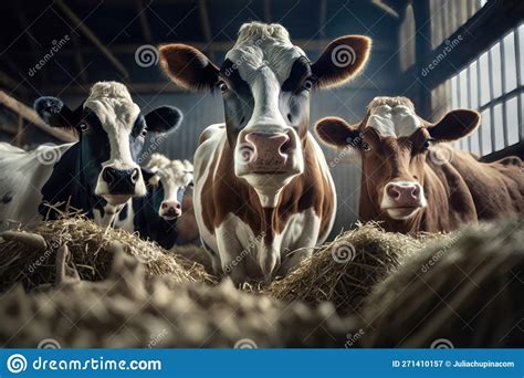 Agriculture Industry Concept Herd Of Cows Eating Hay In Cowshed On Dairy Farm Ai Generation