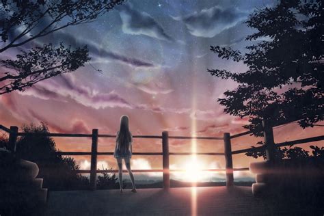 Wallpaper Sunset Anime Girl Standing Fence Resolution1920x1284