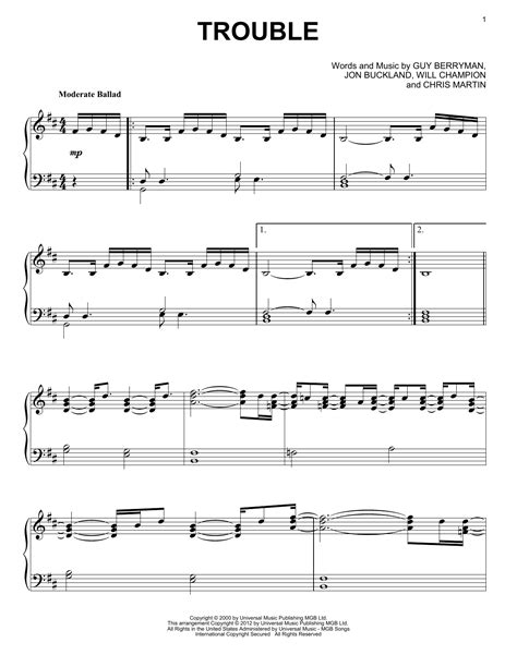 Trouble Sheet Music By Coldplay Piano 89803
