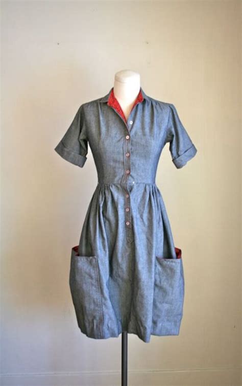 Vintage 50s Shirtwaist Dress Denim Girl Day Dress Wlarge