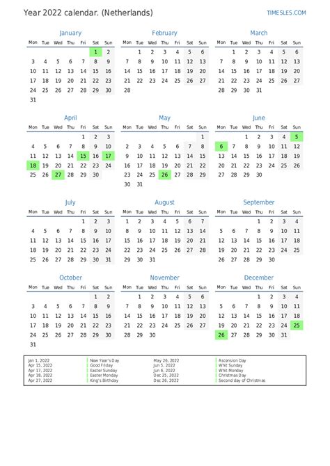 Calendar For 2022 With Holidays In Netherlands Print And Download