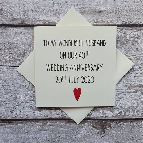 You can choose any personalized gifts you like and customize them with a lovely photo and send it to your husband on anniversary. Personalised 40th Wedding Anniversary card for husband ...