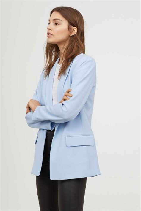 light blue longer jacket in woven fabric notched lapels welt front pockets with flap and no