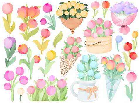 Cute Kawaii Printable Tulips Flowers Clipart Commercial Use Etsy