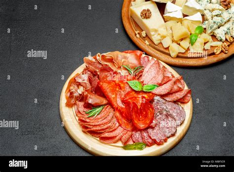 Cold Meat Cheese Plate With Salami Chorizo Sausage And Various Type Of