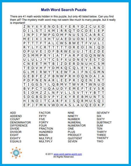 Math Word Searches Printable