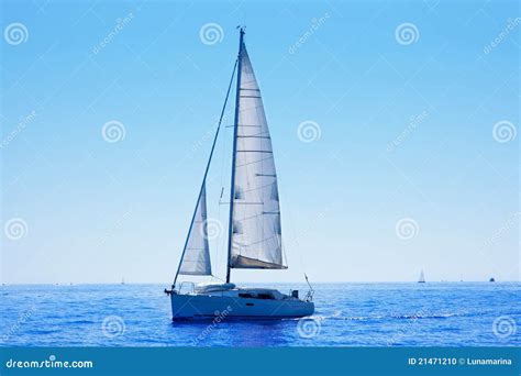 Blue Sailboat Sailing Mediterranean Sea Stock Photo Image Of Sailboat