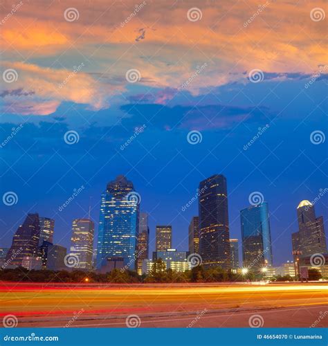 Houston Downtown Skyline At Sunset Dusk Texas Stock Photo Image Of