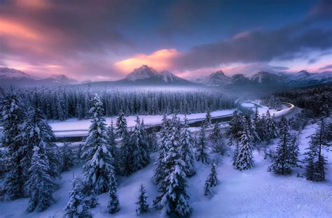 Year Morants Curve Banff National Park Canada Sunrise Winter Landscape