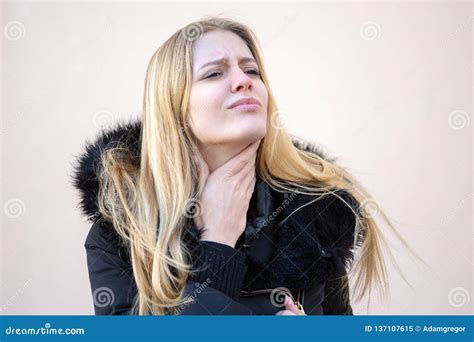 Pretty Blond Woman With Sore Throat Outside Stock Image Image Of Long Sickness 137107615