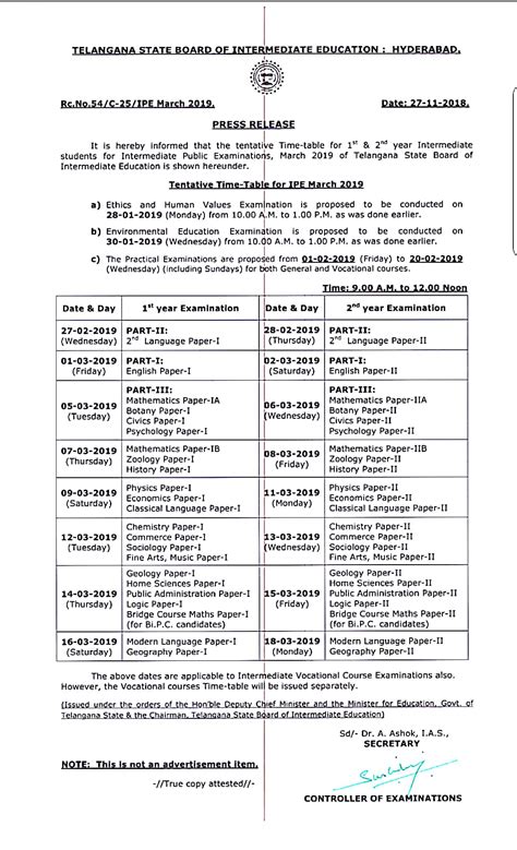 Ts Intermediate Time Table 2019 Telangana Inter 1st 2nd Year Exam Time