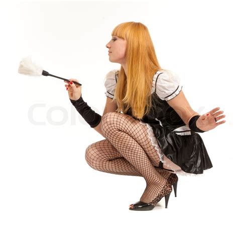 Beautiful Caucasian Woman Dressed In A French Maid Costume Isolated On A White Background