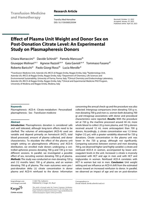 PDF Effect Of Plasma Unit Weight And Donor Sex On Post Donation