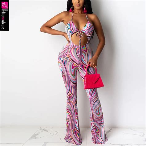 women halter backless tie dye printed sleeveless bell bottom bodycon jumpsuits sexy and club