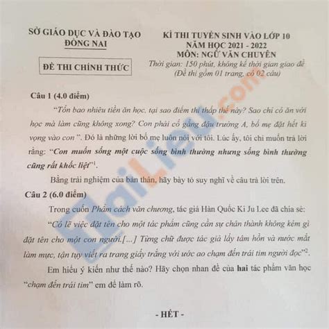 Hiện nay, một số tỉnh thành đã công bố điểm thi tuyển sinh vào lớp 10 năm 2021 và điểm chuẩn vào các trường. Đề thi tuyển sinh lớp 10 môn Văn 2021 Đồng Nai có đáp án ...