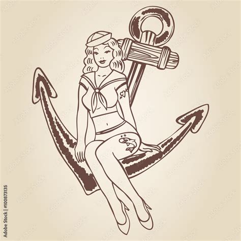 Vintage Pinup Sailor Girl Sitting On An Anchor Stock Vektorgrafik Adobe Stock