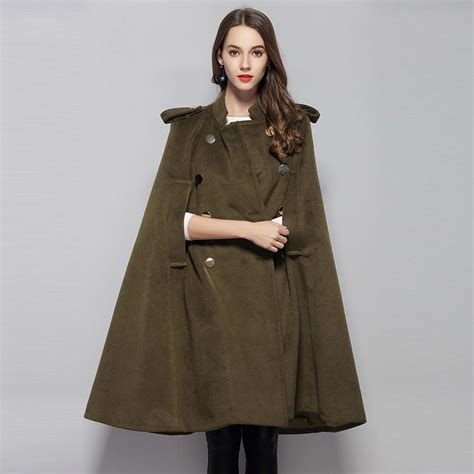 women army green poncho cape coat wool cashmere long cape coat jackets female vintage winter