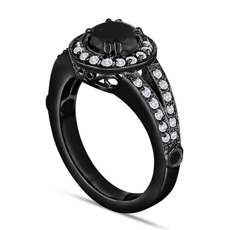 Black Diamond Engagement Ring 161 Carat 14k Black Gold Vintage Style