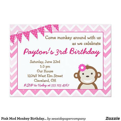 Pink Mod Monkey Birthday Party Invitation Monkey Invitations Girls