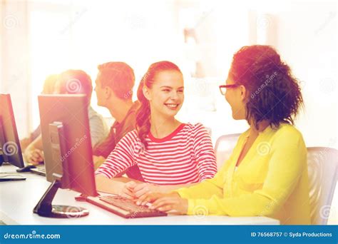 Smiling Students In Computer Class At School Stock Image Image Of