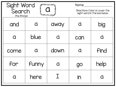 40 Dolch Pre Primer Sight Word Search Worksheets Made By Teachers