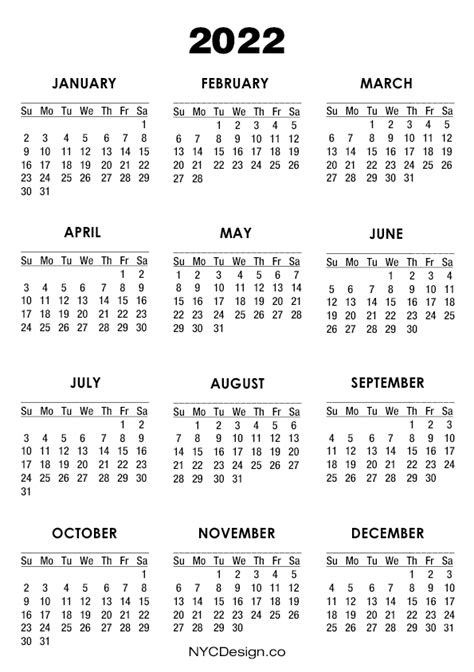 2022 Calendar Printable A4 Paper Size White Sunday Start