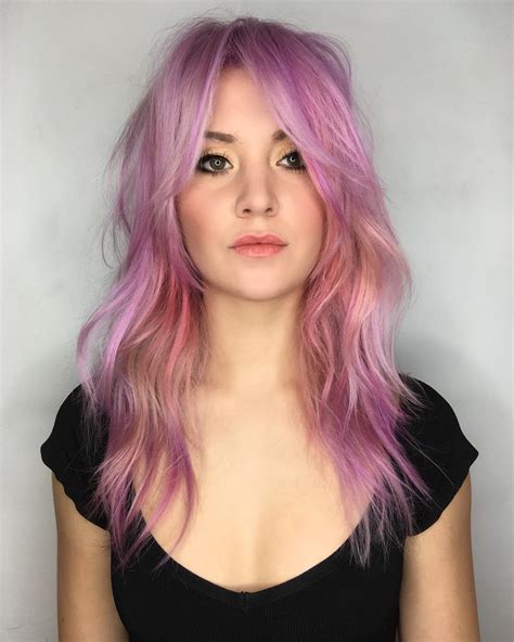 Long Pink Shag Cut With Messy Wavy Texture And Curtain Bangs The
