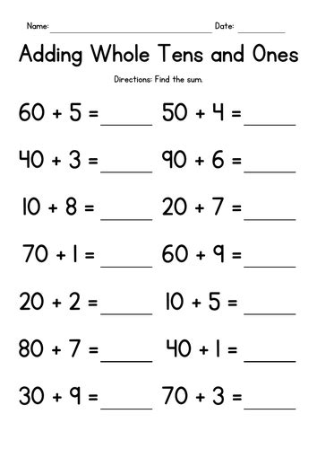Adding Whole Tens And Ones Addition Worksheets Teaching Resources