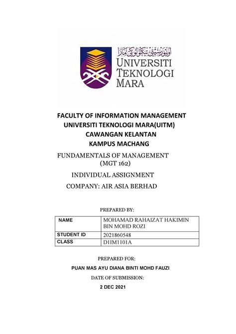 Mgt Individual Assignment Faculty Of Information Management Universiti Teknologi Mara Uitm