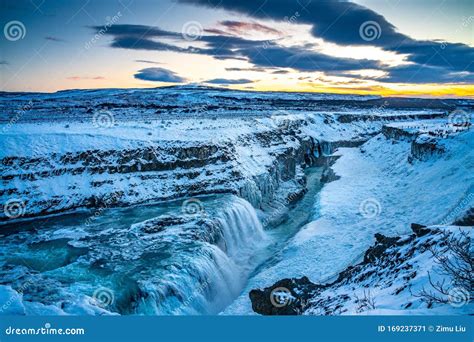 Frozen Gullfoss Falls In Iceland In Winter At Sunset Stock Image
