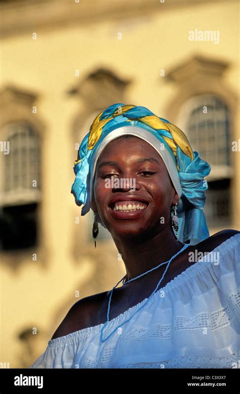 Brazil Salvador De Bahia Woman In Front Of Cathedral Stock Photo Alamy