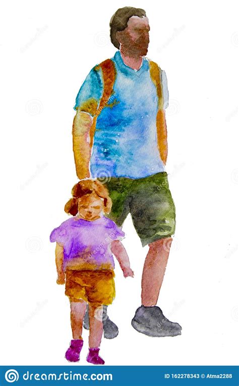 Father Walks With His Daughter Painted In Watercolor Stock Illustration