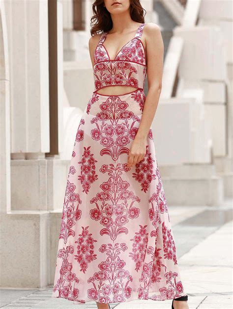 [30% OFF] 2021 Waist Cutout Maxi Beach Dress In RED WITH WHITE | ZAFUL