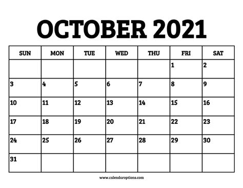 October 2021 Calendar Printable Calendar Options