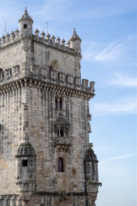 Belem Tower In Lisbon Portugal Portrait View Close Up Stock Photo