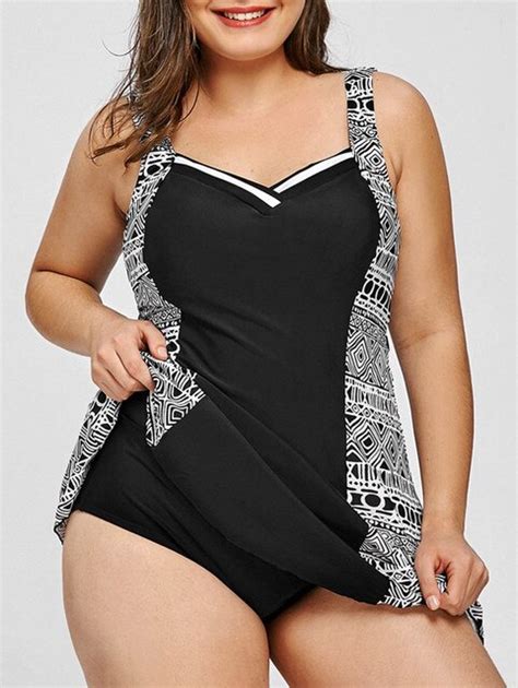 Geometric Print Skirted Plus Size Swimsuit Big Size Women Swimwear