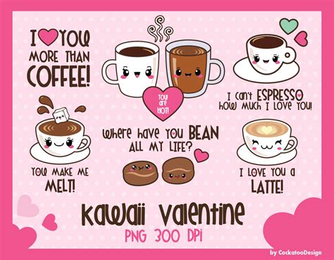 Kawaia Valentines Day Card With Coffees And Hearts
