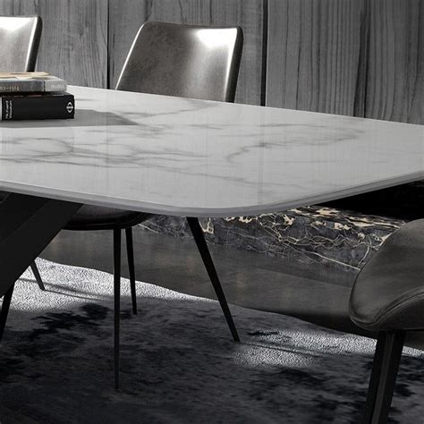 71 Modern Rectangular White Faux Marble Dining Table With Metal X Base