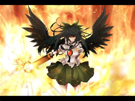 Touhou Reiuji Utsuho Green Skirt Red Eyes Wings Nuclear Flares