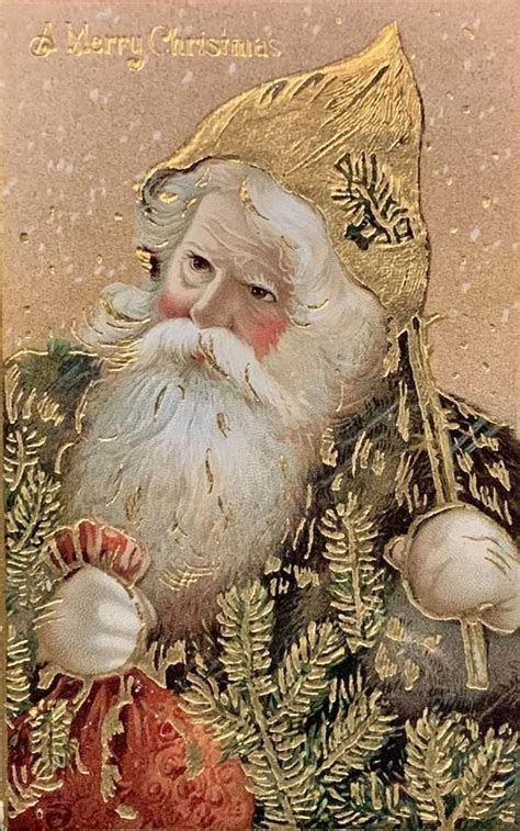 Rare Antique Gold Gilt Christmas Postcard A Merry Christmas Santa
