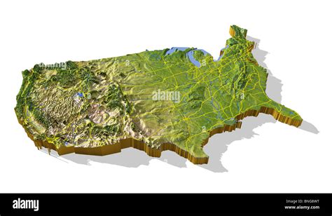Coterminous United States 3d Relief Map Cut Out With Urban Areas And