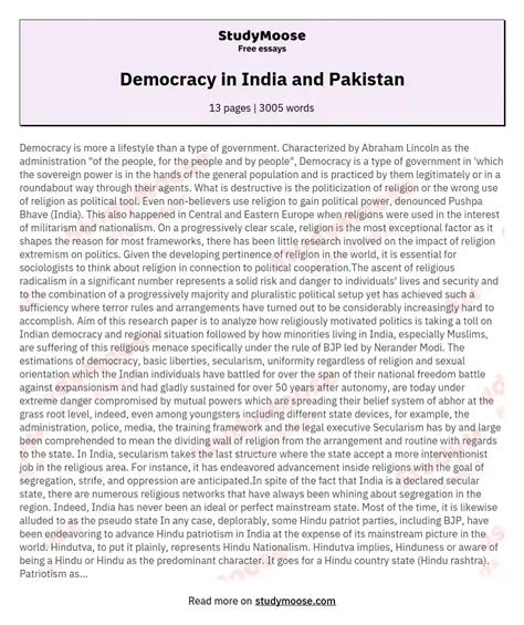 Democracy In India And Pakistan Free Essay Example